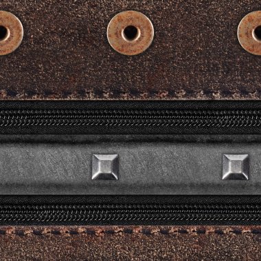 Kahverengi süet deri kemerlerin, pirinç perçin ve fermuarlı ağ malzemelerinin kusursuz 4k fotoğraf desenli fotoğrafı..