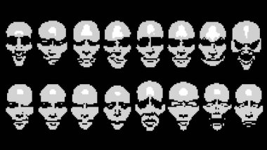 İzole edilmiş pikseller 8 bit siyah arkaplanda beyaz pandomim maskeleri seti.