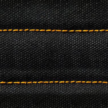 Siyah renkli, turuncu dikişli yoğun pamuk muşamba kumaştan pürüzsüz 4k fotoğraf dokusu..