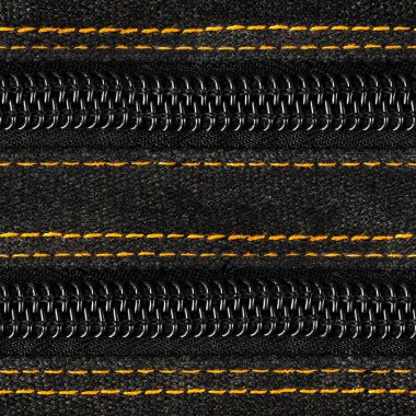 Siyah renkli, turuncu dikişli ve plastik fermuarlı pamuklu kumaşın kusursuz 4k fotoğraf dokusu..