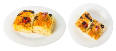 Beyaz arka planda servis edilen tabakta servis edilen sebze güvecinin çeşitli açılı fotoğrafını izole ettim..