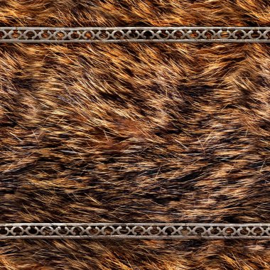 Süslü metal kayışlı kahverengi kürkün kusursuz 4k fotoğraf malzemesi dokusu.