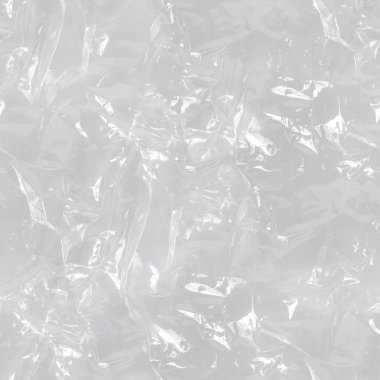 Beyaz veya gri renkli şeffaf kırışık plastik film yüzeyinin kusursuz 4k fotoğraf dokusu.