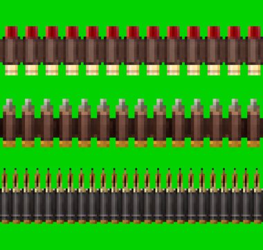 Kusursuz yalıtılmış pikseller. Yeşil ekran arka planda kurşun fişeği kemerlerinin 8 bit dokusu..