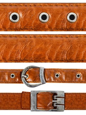 Açık kahverengi deri kayışlı, dikişli, tokalı ve metal perçinli kusursuz izole bir fotoğraf..