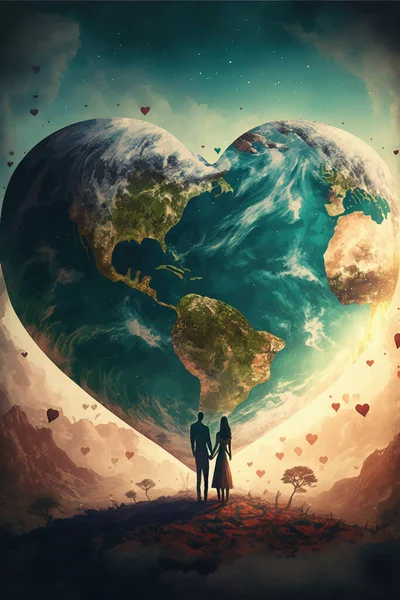 3D Illustration - The earth with heart shape and couple looking on. download image