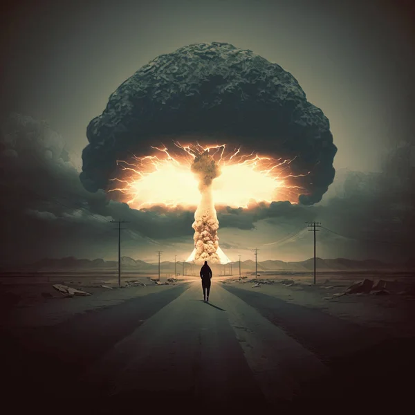 End of the world nuclear Explosion. Nuclear war concept. Explosion of nuclear bomb. Silhouette of a person against giant mushroom cloud of atomic explosion. download image