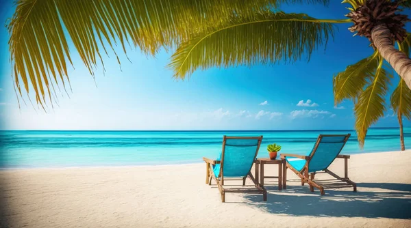Chairs In Tropical Beach With Palms Trees, turquoise sea, white sand and sun, very beautiful nature. download image