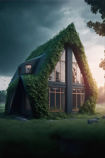 Eco house in green environment. House in the middle of the forest with the green bush, sunset time. Download image