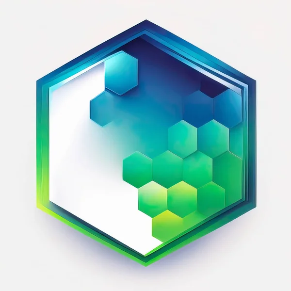 a hexagon geometric gradient logo, green and blue, futuristic, white background. Download image