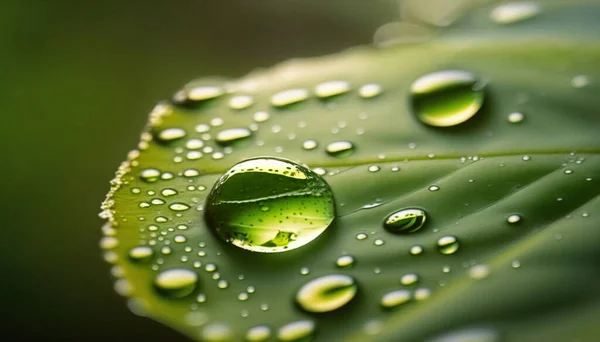 Yeşil yapraklı bir makroda şeffaf yağmur suyu damlaları. Sabahları çiy damlaları güneşte parlar. Doğadaki güzel yaprak dokusu. Doğal arka plan. Resim indir