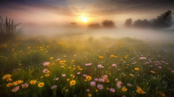 畑の日の出だ 夕日を背景に魔法のピンクコスモスの花が咲く風景 色とりどりの花 日の出 霧の化石フィールド 写真をダウンロード — ストック写真