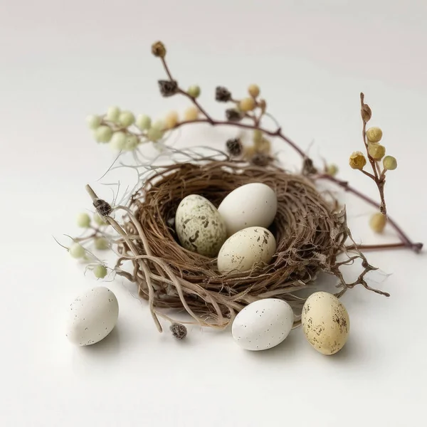 eggs in a nest, Easter eggs, nest, subdued colors, neutral white background, cozy, minimalism. download photo