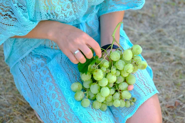 Vrouw Met Druiven Groene Druiven Handen Van Een Vrouw Foto — Stockfoto