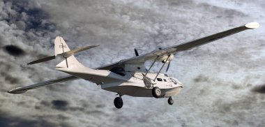 Zafer gösterisi, Leicester, Uk, Eylül 2023. 2. Dünya Savaşı 'nda canlı tarih olayı. Consolidated Model 28, bilinen adıyla PBY Catalina, 1930 ve 1940 'larda üretilen bir uçan bot ve amfibi uçak..