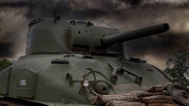 Zafer Şovu. Leicester, İngiltere, Eylül 2023. Yaşayan ikinci dünya savaşı tarihi gösterisi ve hava gösterisi. M4 Sherman, resmi adıyla Medium Tank, M4, ABD ve Batılı Müttefikler tarafından II..