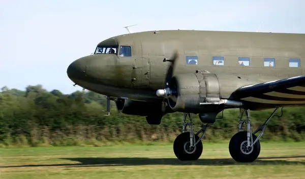 stock image Victory Show. Leicester, UK, September. World war two living history show and airshow. The Douglas C-47 Skytrain or Dakota is a military transport aircraft developed from the civilian Douglas DC-3 airliner.