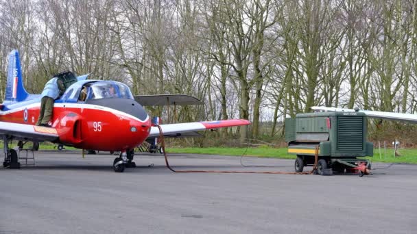ヨークシャー航空博物館 エルヴィントン イギリス 2024年3月 エンジンが走る Bacジェットプロポストは 1955年から1993年までイギリス空軍と共に使用されていたイギリスのジェットトレーナー機です — ストック動画