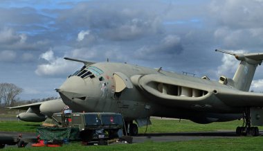 Yorkshire Hava Müzesi, Elvington, York, Yorkshire, İngiltere. Mart 2024. Handley Page Anahtarı. İngiliz dört jet motorlu nükleer saldırı bombacısı. Ziyaretçi bombacısı, soğuk savaş.