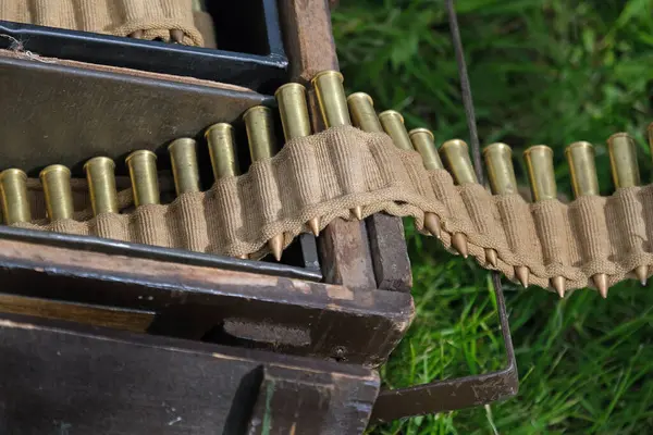 stock image World war two machine gun ammunition belt.