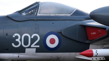 Newark Hava Müzesi, Newark, İngiltere. Mart 2025. De Havilland DH.110 Deniz Vixen, İngiliz çift motorlu, çift kuyruklu, çift koltuklu, çift koltuklu, donanma hava savunma uçağı..