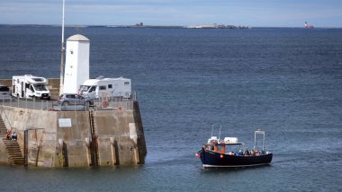 Deniz evleri, Northumberland, İngiltere. Temmuz 2025. Farne Adaları, İngiltere 'nin Northumberland kıyısında bir grup adadır. Grubun gelgit seviyesine bağlı olarak 15 ila 20 adası vardır.. 