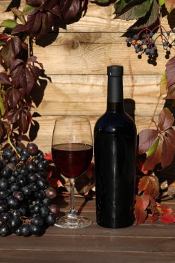 glass of red wine on wooden background with autumn leaves and bottle 