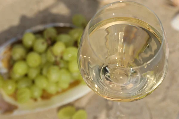 glass of white wine on sand as background with shells