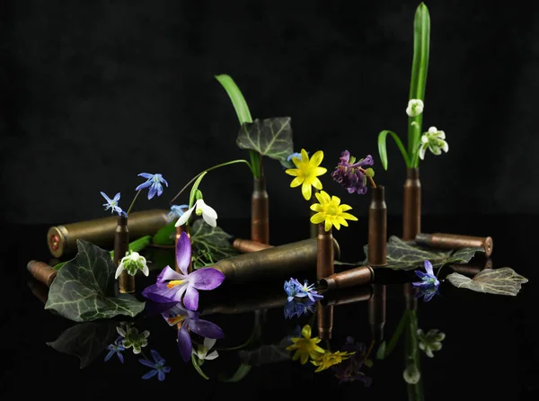 Frühling Farbige Blumen Mit Geschützgranaten Auf Dem Schwarzen Hintergrund — Stockfoto