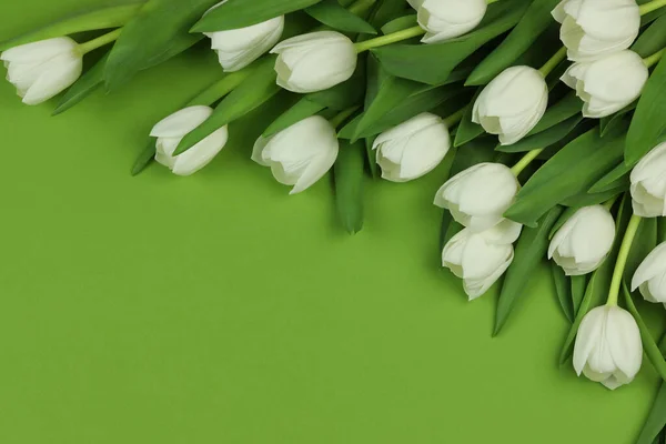 Beau Bouquet Fleurs Tulipes Blanches Avec Carte Sur Fond Vert — Photo