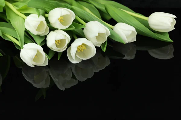 Beautiful Bouquet White Tulip Flowers Card Black Background Space Text — Stock Photo, Image