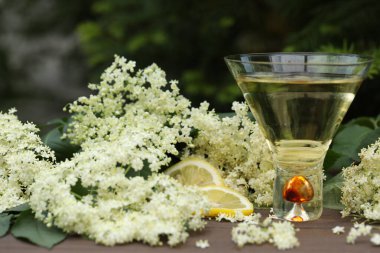Ahşap arka planda yaşlı çiçeklerin süslendiği yaşlı çiçek likörlü orijinal cam.