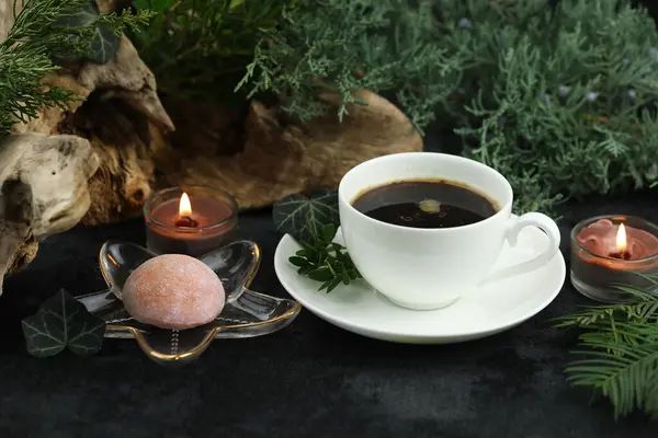 Cup of hot coffee with japanese sweets daifuku mochi