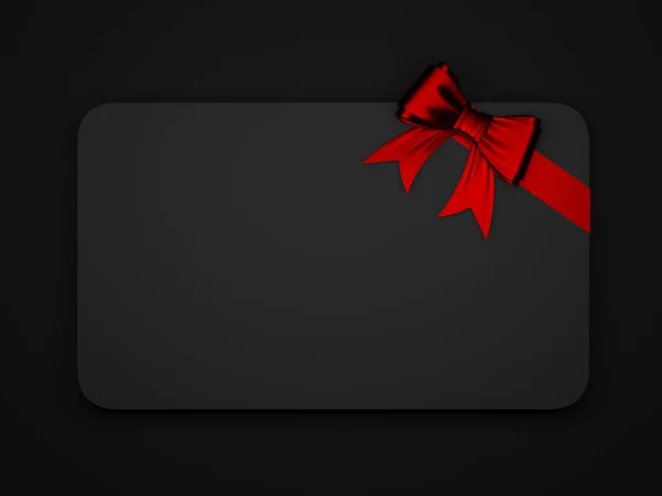 Blank black gift card with red ribbon bow. Copyspace for text. 3d rendering
