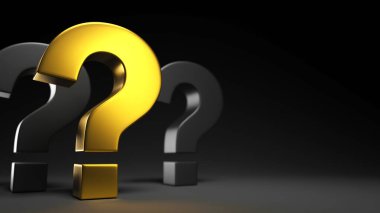Golden question mark with dark background. FAQ or solving concept. 3d rendering