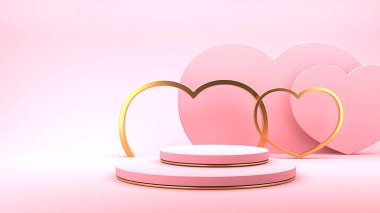 Minimal heart shapes background mock up podium. Pedestal scene with for product platform. 3d rendering
