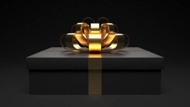 Black gift box with golden bow ribbon. Luxury present. 3d rendering