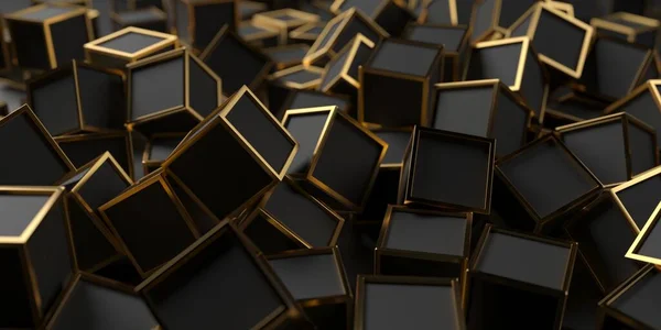 Falling Golden Black Cubes Abstract Design Background Rendering — Zdjęcie stockowe