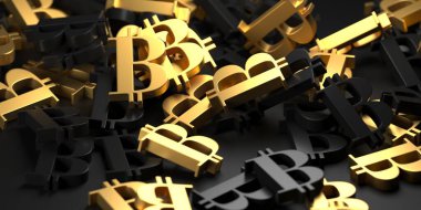 Scattered bitcoin symbols. Cryptocurrency mining concept. 3d rendering