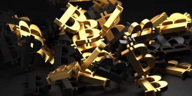 Scattered bitcoin symbols. Cryptocurrency mining concept. 3d rendering