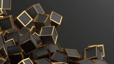 Falling golden black cubes on a black background. 3d rendering