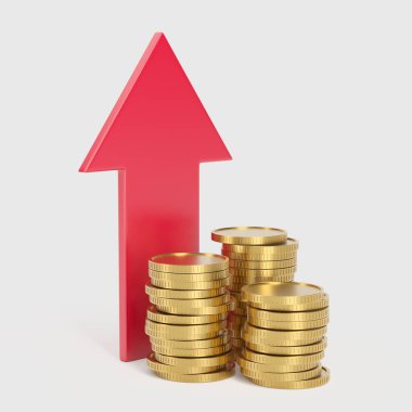 Golden coins with growing arrow up. Finance income success concept. 3d rendering