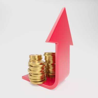 Golden coins with growing arrow up. Finance income success concept. 3d rendering