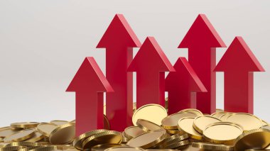 Golden coins with growing arrow up. Finance income success concept. 3d rendering