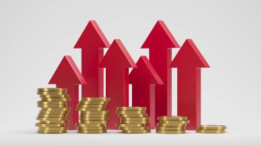 Money profit. Coins chart with arrow. Banking income. 3d rendering