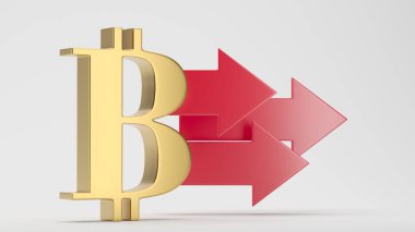 Bitcoin crypto currency and red up arrow. Prices grow up concept. 3d rendering