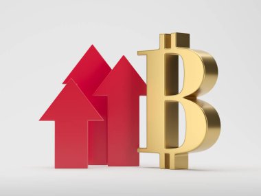 Bitcoin crypto currency and red up arrow. Prices grow up concept. 3d rendering