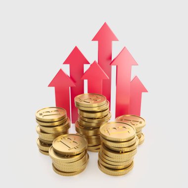 Bitcoin crypto currency and red up arrow. Prices grow up concept. 3d rendering