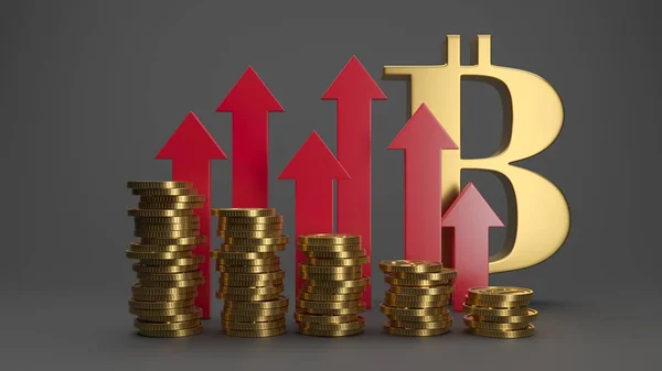 Bitcoin Criptomoneda Flecha Roja Arriba Los Precios Crecen Concepto Renderizado —  Fotos de Stock