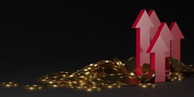 Golden coins with growing arrow up. Finance income success concept. 3d rendering